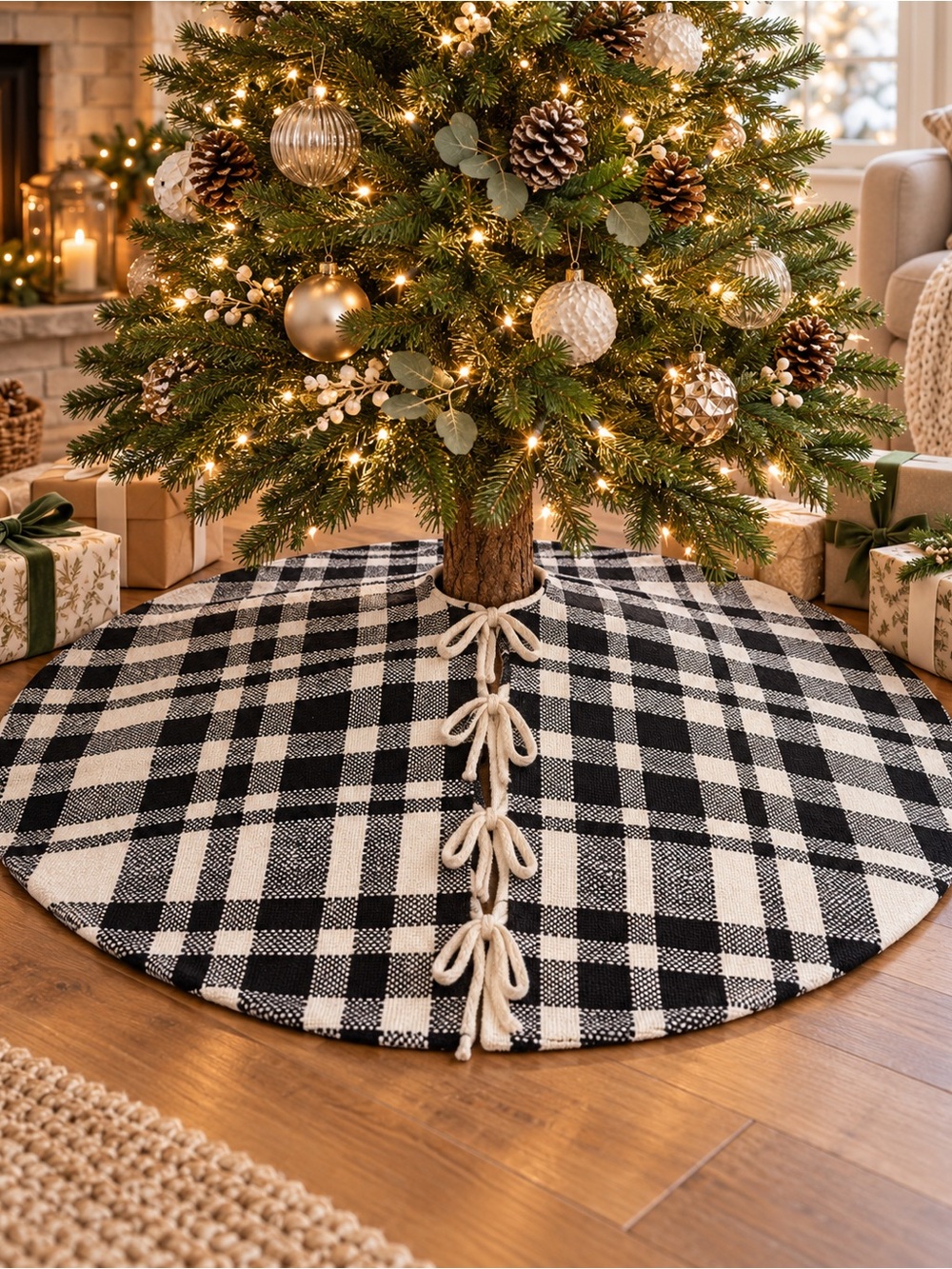 Thro Christmas Tree Skirt B& W Tartan Cottagecore 52” Rustic Farmhouse